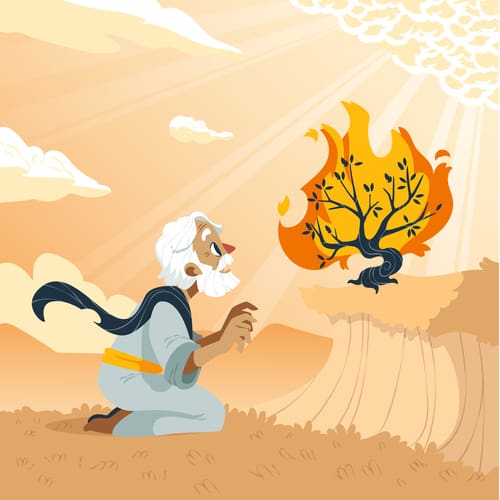 Moisés arrodillado delante de la zarza ardiendo 