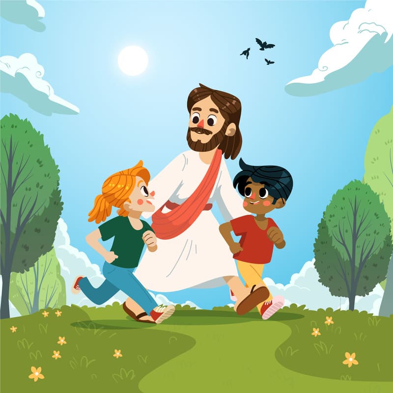 Jesús caminando con dos niños