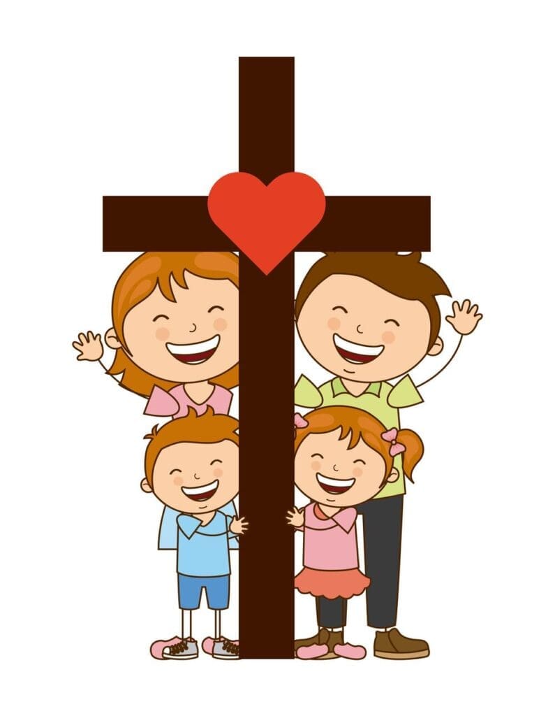 familia feliz alrededor de una cruz representando su salvación