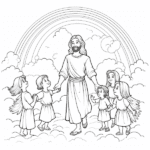 Jesús con niños y el arco iris