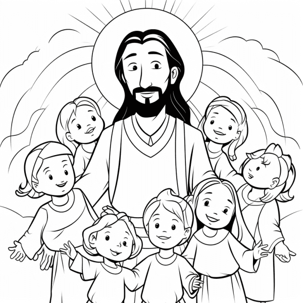 Jesús extendiendo los brazos con niños