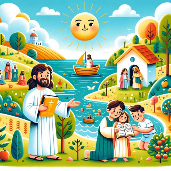 Jesus enseñando en el Evangelio de San Mateo para niños