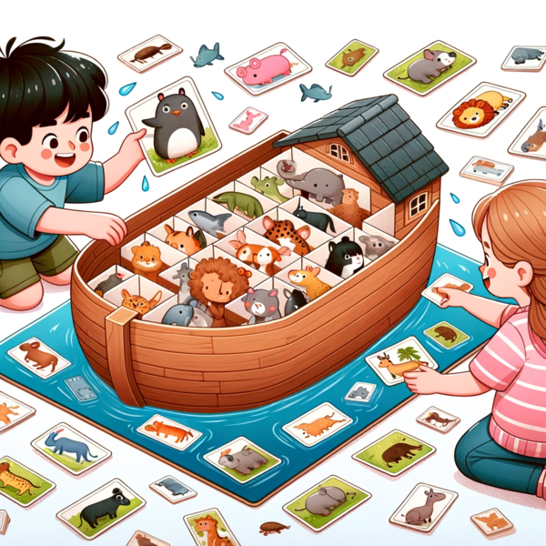 niños identifican y emparejan las imágenes de animales del arca de noe