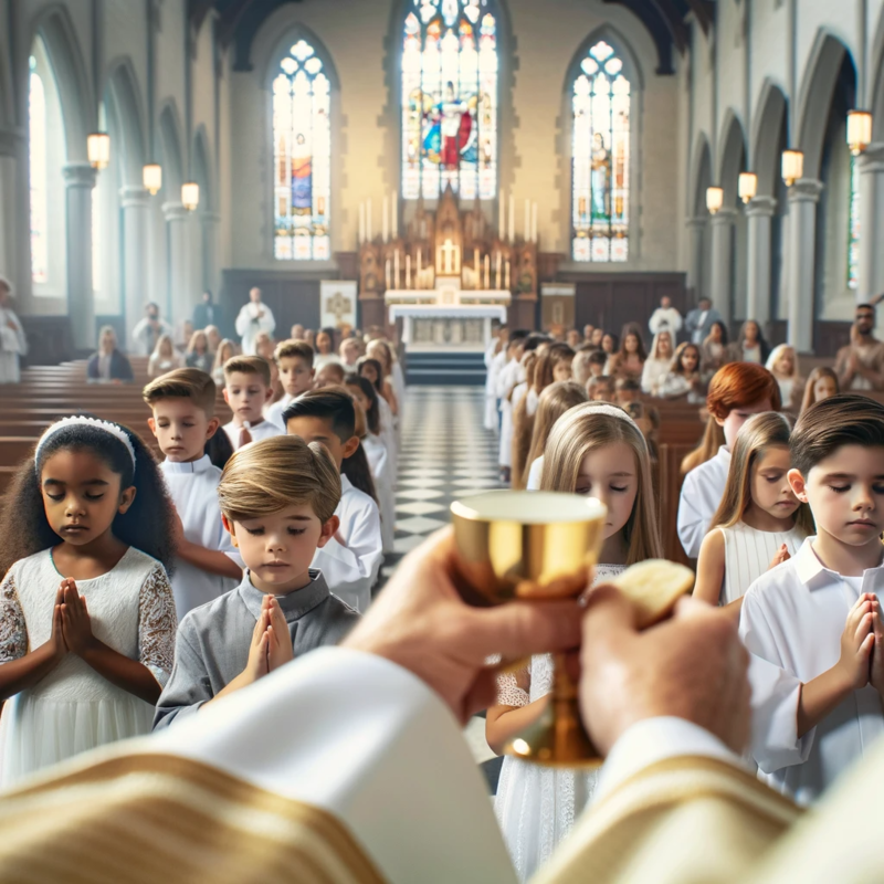 niños reciben la Eucaristía